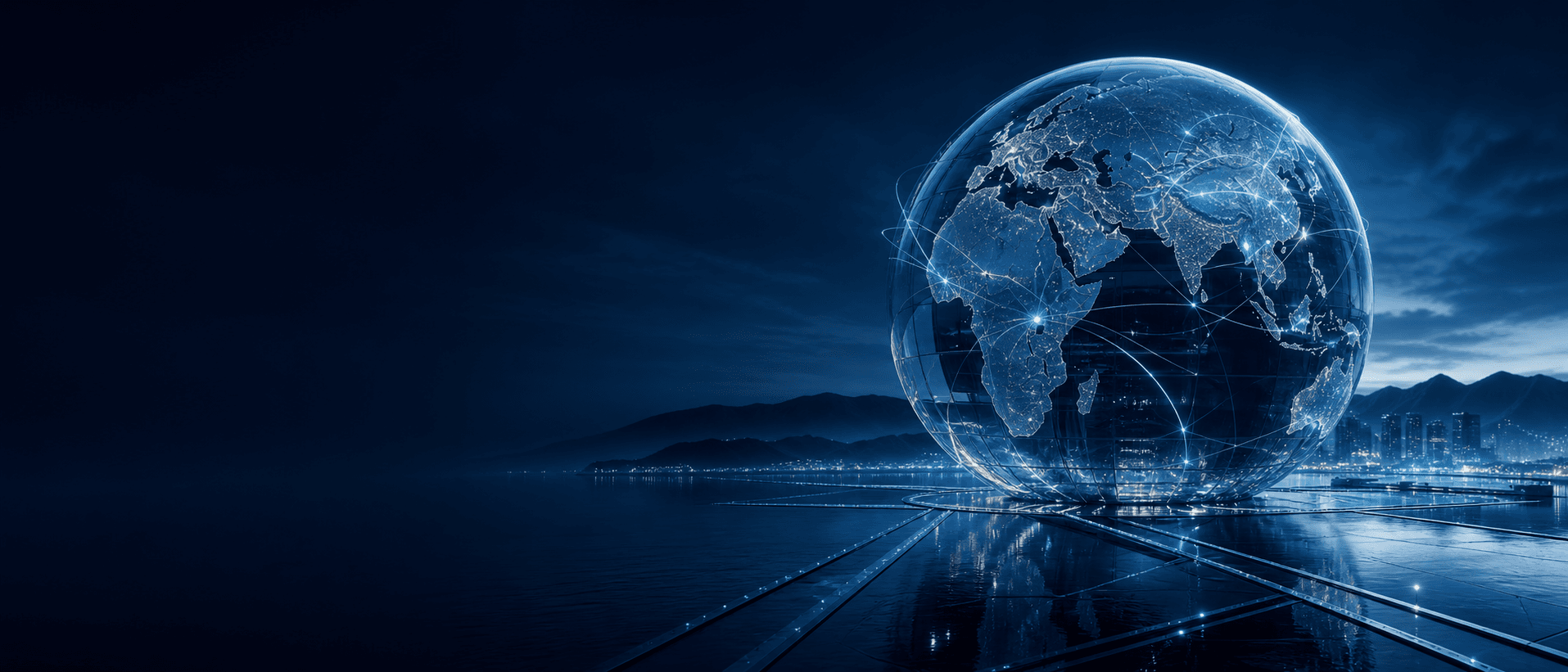 A glass globe connected by illuminated global payment routes